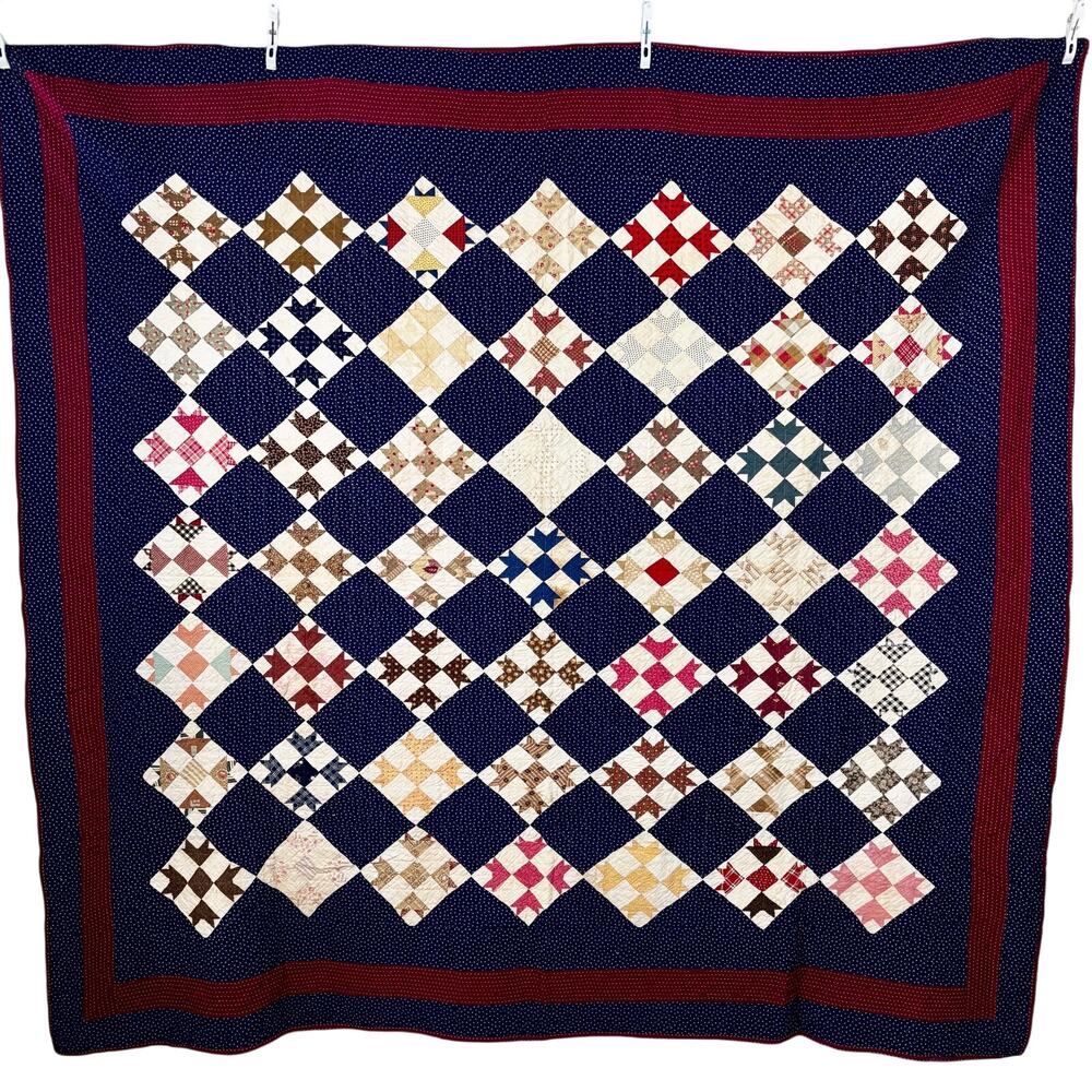 Antique 1880s Indigo Blue Quilt Double Nine Patch on Point Calico Americana